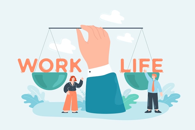 Giant hand balancing scales with words work and life. Woman choosing career and financial success, man in control of relationships flat vector illustration. Work life balance, lifestyle concept