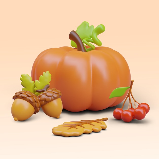 Giant realistic pumpkin acorns berries fallen leaves Vector autumn composition in 3D style