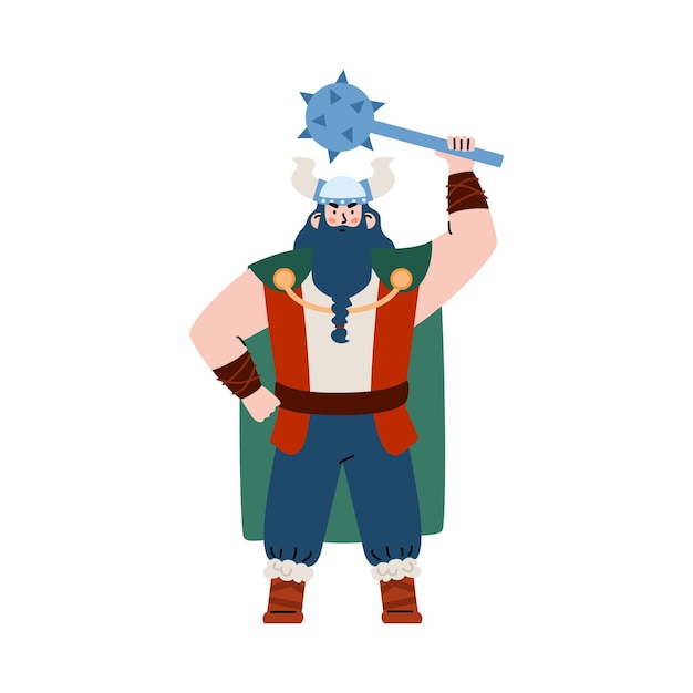 Giant viking warrior with beard and mace flat  isolated