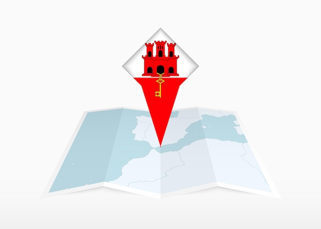 Gibraltar is depicted on a folded paper map and pinned location marker with flag of Gibraltar