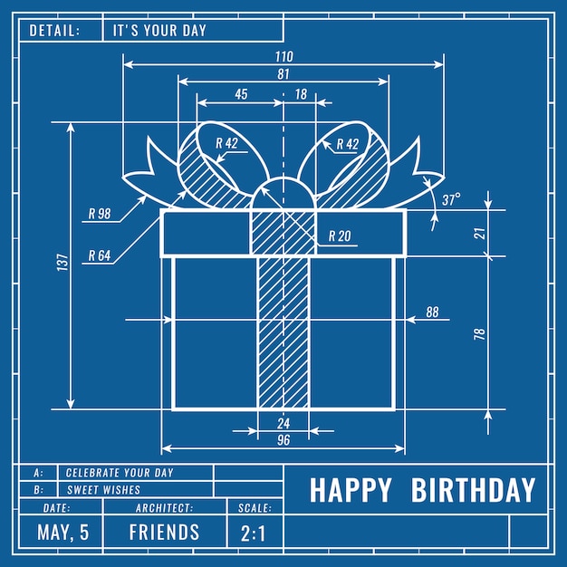 Gift box as technical blueprint drawing. Birthday technical concept. Mechanical engineering drawings