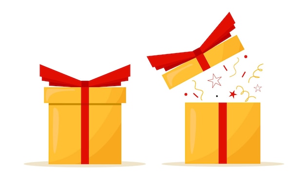 Gift box closed and opened. Yellow present box with red ribbon and bow. Vector illustration.