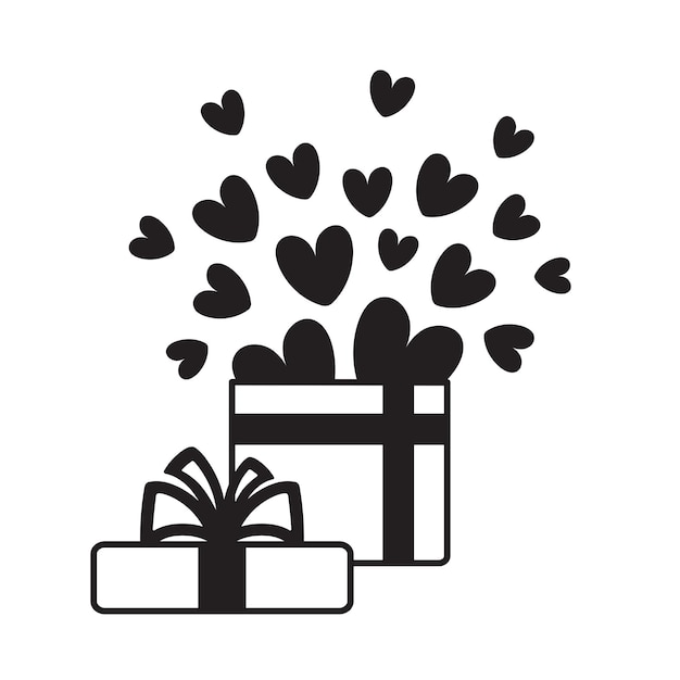 Gift box icon Open gift with Confetti hearts Vector linear design for greeting card Valentine's Day