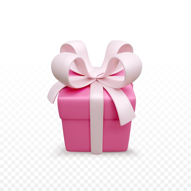 Gift box isolated on transparent background. 3d render holiday closed surprise box with pink ribbon. Red present box. Vector illustration