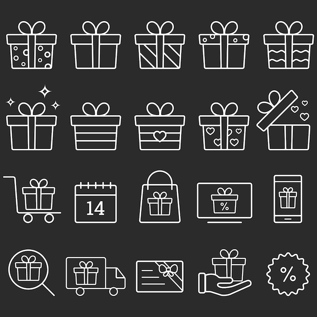 Gift box line icons set, outline vector symbol collection, linear style pictogram pack. Signs logo illustration. Set includes icons as birthday present, box with bow ribbon, surprise package