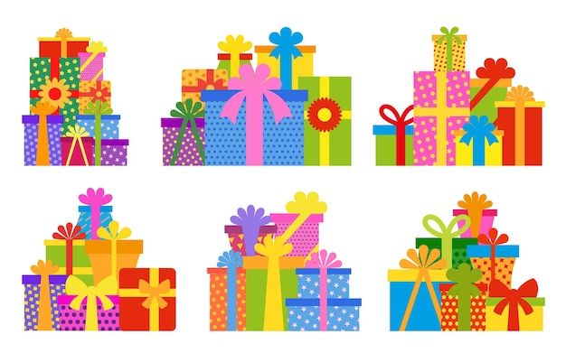 Gift box pile set Christmas present stack isolated Cartoon xmas surprise Happy Birthday giftbox