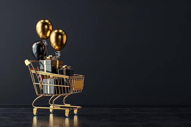 Gift box in shopping cart on black background copy space black friday concept