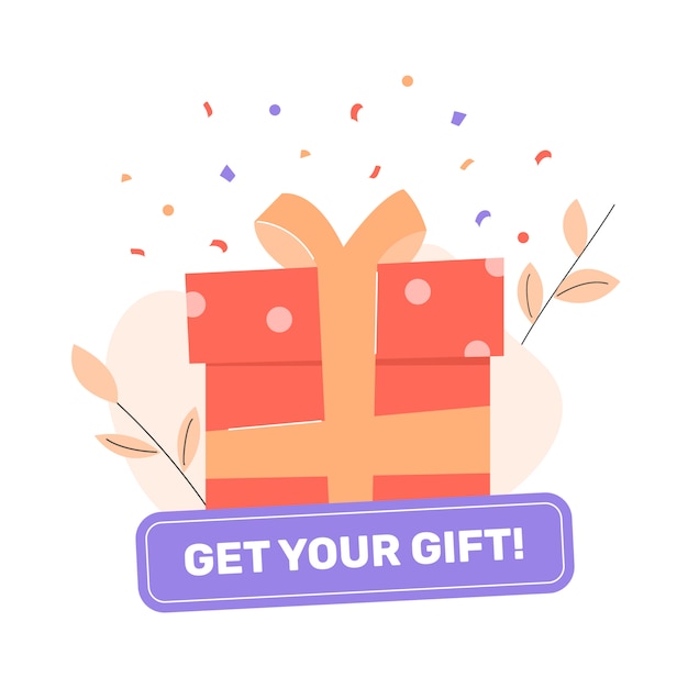 Gift box with bow. Button Get your gift. Badge for promotions and social networks. Bonuses, discounts and rewards for customers.