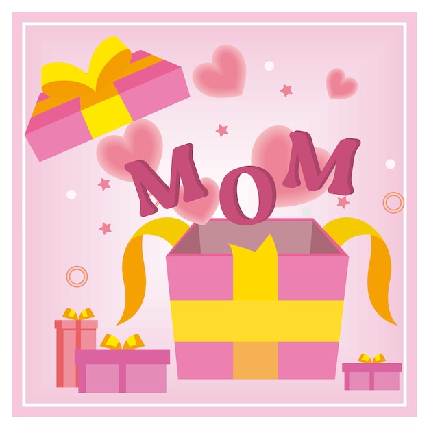 Vector gift box with heart shaped balloons celebrate happy mothers day flat vector illustration