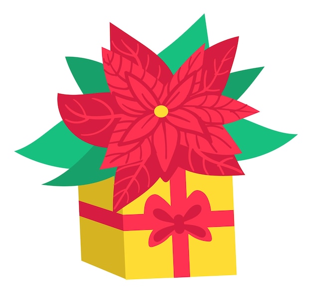 Gift box with poinsettia flower Christmas present icon