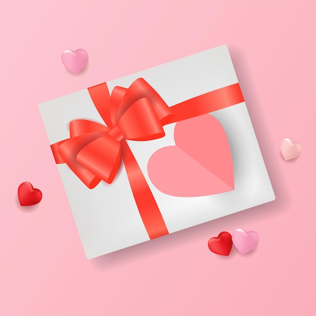 A gift box with a red bow and a heart on a pink background. View from above.  Vector illustration.