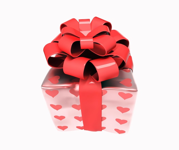 Vector gift box with red ribbon and hearts 3d vector illustration