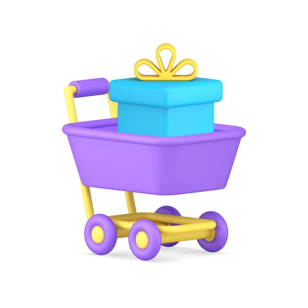 Gift box wrapped present in supermarket trolley cart shopping sale discount 3d icon realistic vector