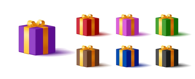 Gift boxes 3d square with golden ribbon bow set of icons