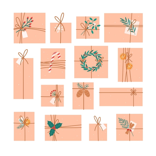 Gift boxes in crafting paper with decor elements Vector flat illustration