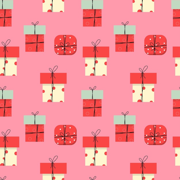 Gift boxes seamless pattern on light pink background Vector illustration