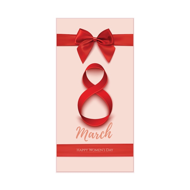 gift card, banner or poster templates with red ribbon and a bow. Women day background.