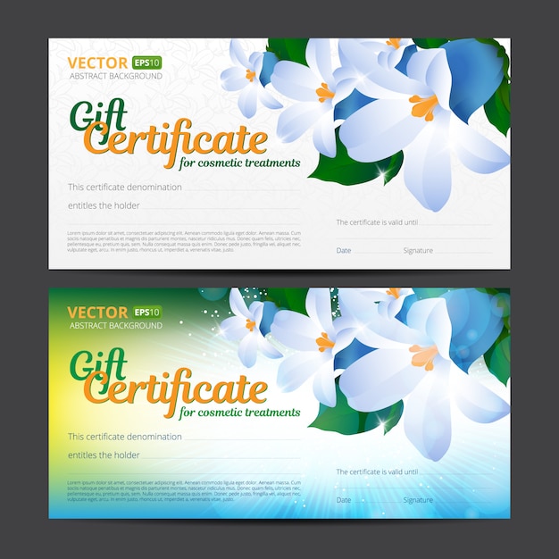 Gift certificate or voucher template for cosmetics treatments with spring floral decoration and place for your text.