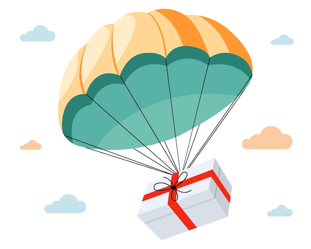 A gift falls on a parachute from the sky