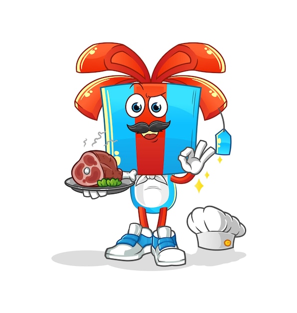 Gift head cartoon chef with meat mascot cartoon vector