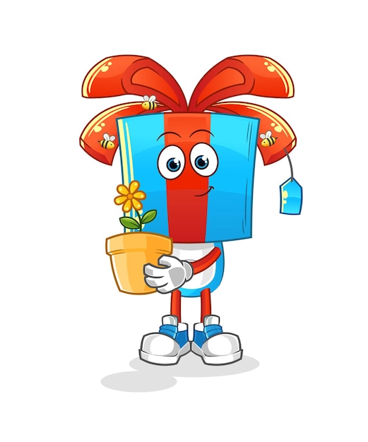 Gift head cartoon with a flower pot character vector