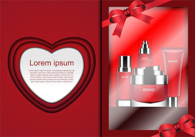 Gift set of cosmetic cream with red ribbons and heart shape