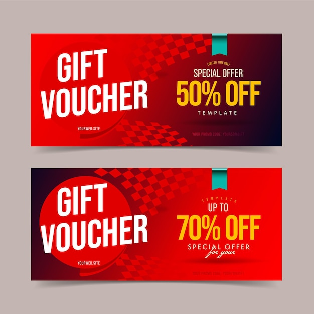 Gift voucher with price cutout up to 50 and 70 percent off. Coupon discount template. Present certificate mockup with checkered flag design. Limited time shopping promo code card vector