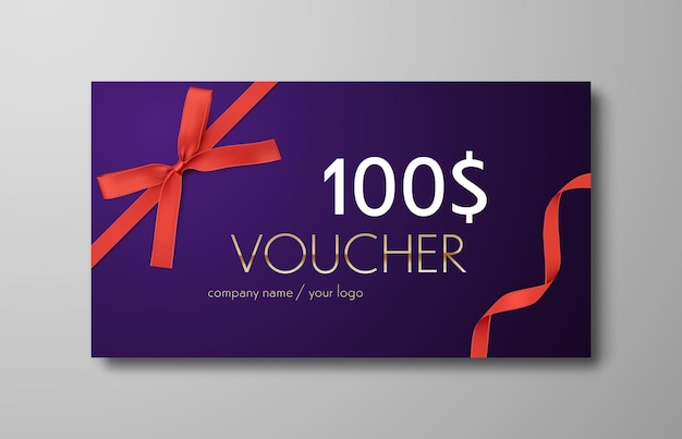 Gift voucher with red ribbon and bow discount luxury voucher vector banner