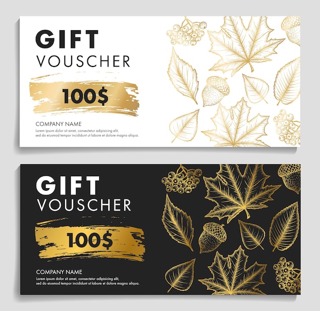 Vector gift voucher woth autumn leaves and acron in gold and black and white colors modern