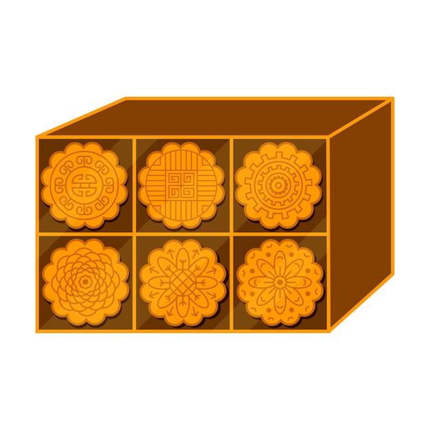 Vector gift wooden box with  mooncakes. asian oriental ornaments. mid-autumn festival moon cake. asianfood