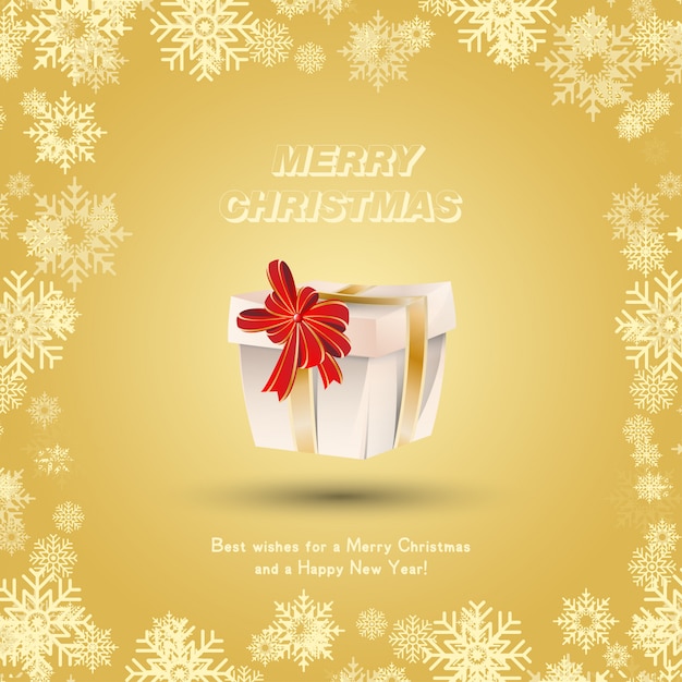 Gift wrapped with gold ribbons and a red bow against the snow. Festive greeting card for Christmas and New Year