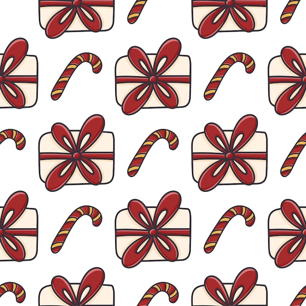 Gifts and candy cane Christmas pattern Seamless festive background with boxes of surprises