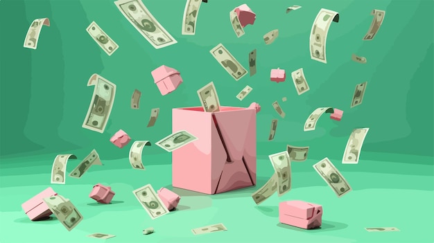 Gifts Falling in Pink Box with Green Dollar Paper