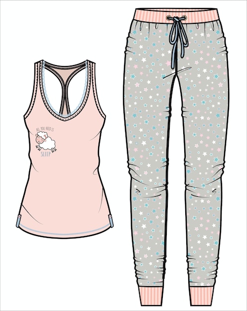 GILRS AND WOMEN WEAR PAJAMS SET TOP AND BOTTOM SET VECTOR ILLUSTRATION SKETCH DESIGN