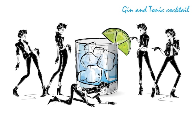 Gin and Tonic cocktail. Fashion girl in style sketch with cocktail. Vector Illustration