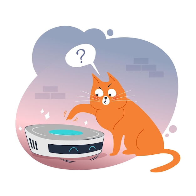 Ginger cat explores the new robot vacuum cleaner vector illustration