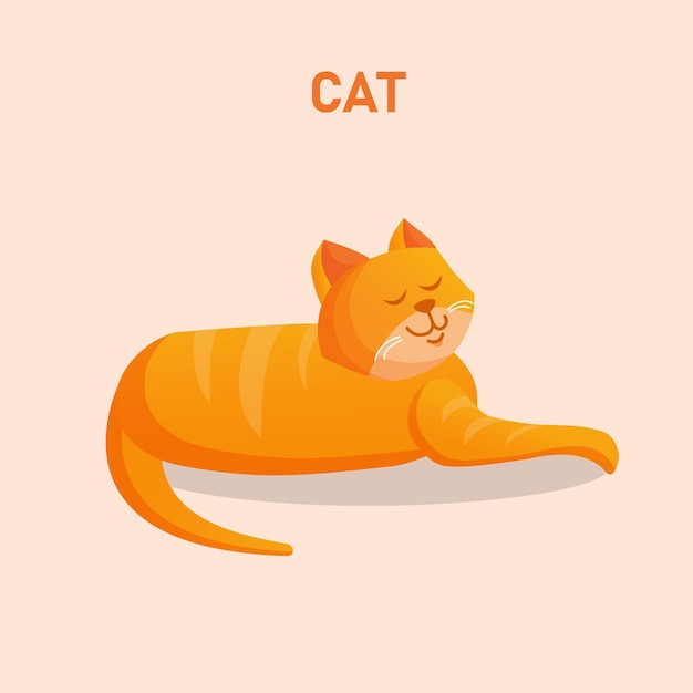 Ginger cute cat lies on an isolated background vector cartoon illustration