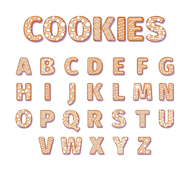 Gingerbread alphabet Christmas holiday letters xmas cookies alphabet decorated symbols garish vector pictures of biscuits