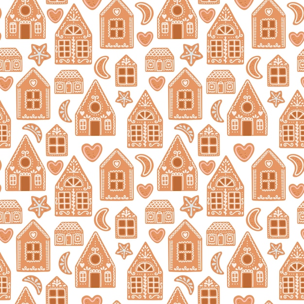 Gingerbread Christmas seamless pattern house cookies isolated on white vector illustration