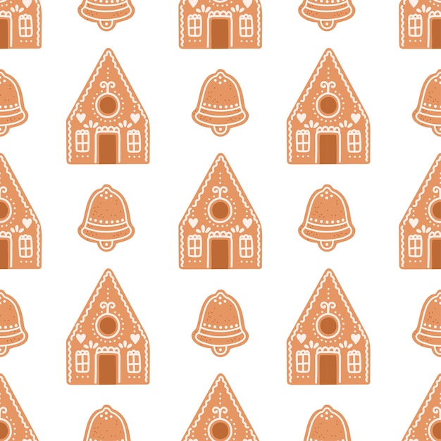 Gingerbread Christmas seamless pattern house cookies isolated on white vector illustration