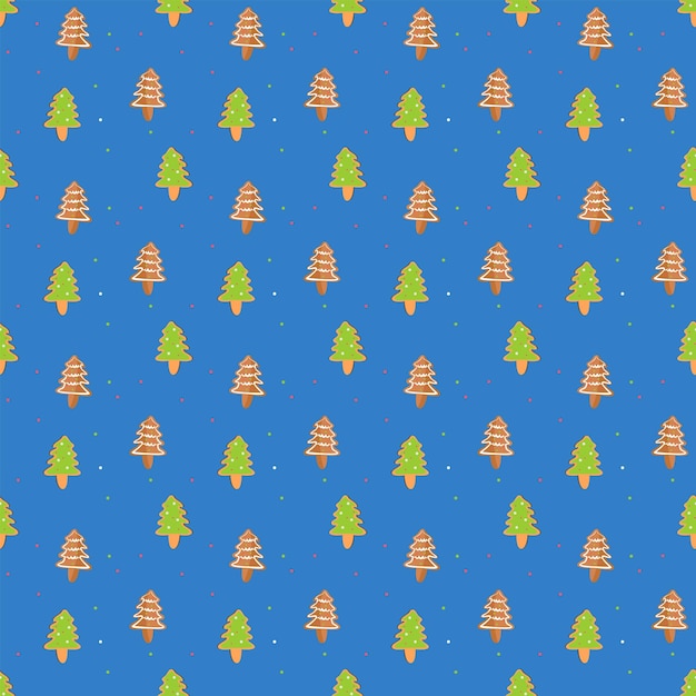 Gingerbread Christmas Trees Pattern with Christmas Pattern on Blue Background