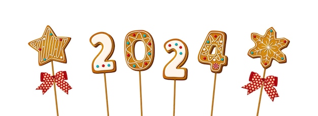 Gingerbread cookie numerals on sticks with phrase 2024 in cartoon style Sweet biscuit star and snowflake in new year message isolated on white background Cute number Vector illustration