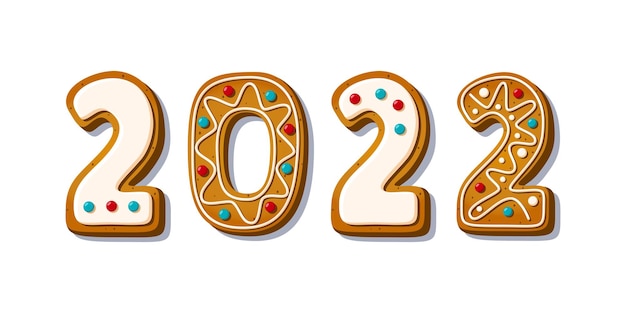 Gingerbread cookie numerals with phrase top view in cartoon style sweet biscuit in new year message