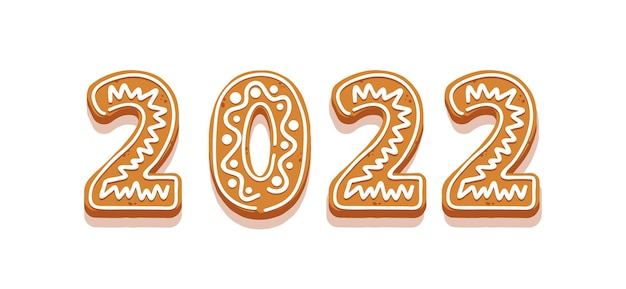 Gingerbread Cookies Number 2022, Festive New Year Ginger Bread Numerals, Sweet Dessert Font or Type. Xmas Typographic Digits Isolated on White Background. Cartoon Vector Illustration