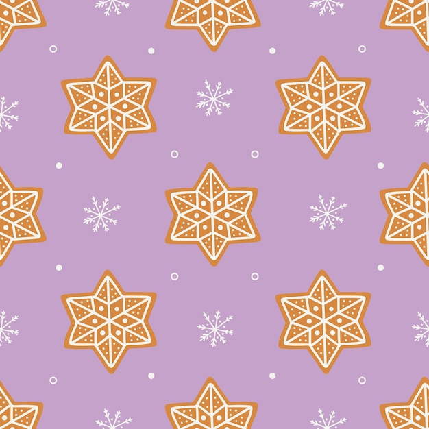 Gingerbread cookies and white snowflakes seamless pattern