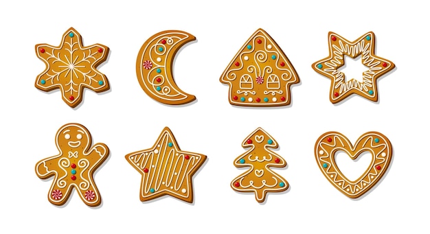 Gingerbread cookies Winter homemade sweets in shape of house and gingerbread man and moon star and snowflake xmas tree and heart Cartoon Vector illustration