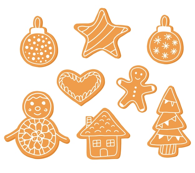 Gingerbread doodle flat icon set isolated on white background Glazed traditional sweet food Christmas decoration