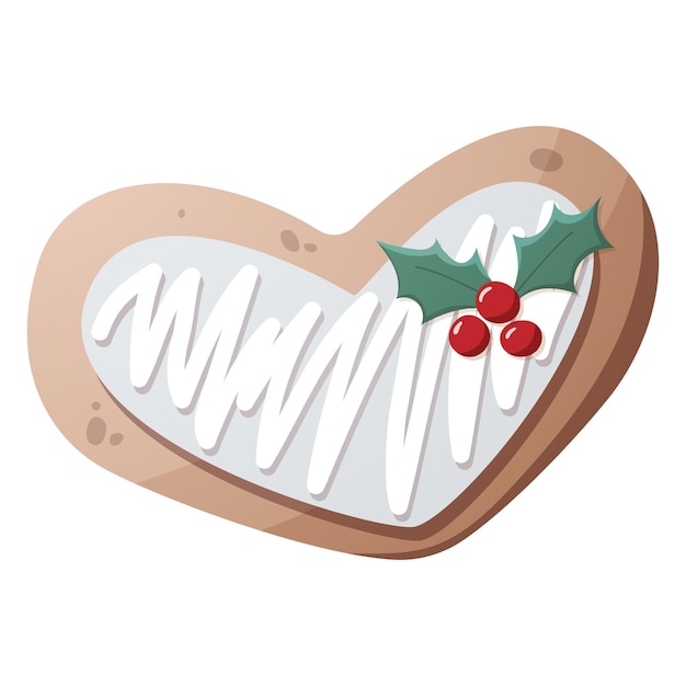 Vector gingerbread glazed heart christmas cookie with holly leaves and berries cartoon vector illustration