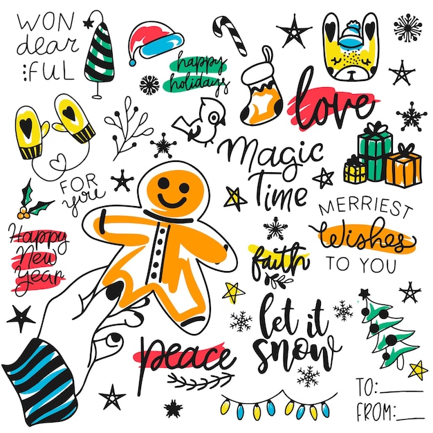 Gingerbread in hand holiday decoration sticker set holiday doodle set