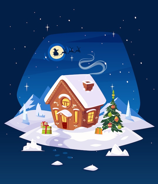 Gingerbread house in the forest with moon. Santa silhouette against the backdrop of the moon. Christmas card, poster or banner. Vector illustration.